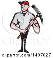 Poster, Art Print Of Retro Cartoon Male Construction Worker Holding A Pickaxe