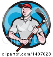 Poster, Art Print Of Retro Cartoon Male Construction Worker Holding A Pickaxe And Emerging From A Black And Blue Circle