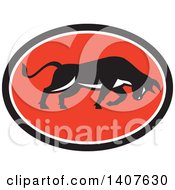 Clipart Of A Retro Charging Bull In A Black White And Red Oval Royalty Free Vector Illustration
