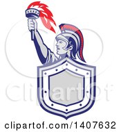 Clipart Of A Retro Angry Greek Warrior Holding Up A Flaming Torch And Shield Royalty Free Vector Illustration