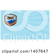 Clipart Of A Retro Vintage Passenger DC10 Airplane Flying Over A City And Blue Rays Background Or Business Card Design Royalty Free Illustration