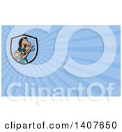 Poster, Art Print Of Cartoon Mechanic Horse Holding A Wrench And Blue Rays Background Or Business Card Design