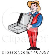 Poster, Art Print Of Retro Cartoon Man Wearing A Hat And Overalls Smiling And Holding An Empty Open Suitcase