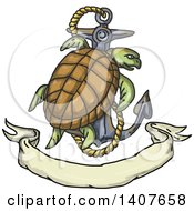 Clipart Of A Sketched Kemps Ridley Sea Turtle Climbing On An Anchor With Rope Over A Banner Royalty Free Vector Illustration by patrimonio