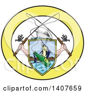 Clipart Of Sketched Crossed Arms Holding Fishing Rods Over A Shield With A Marlin Fish And Beer Bottle Over Water In A Yellow And White Oval Royalty Free Vector Illustration by patrimonio