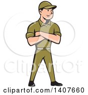 Retro Cartoon Tradesman In A Green Uniform Standing With Folded Arms