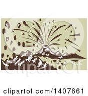 Clipart Of A Retro Woodcut Volcano Erupting On Green Royalty Free Vector Illustration