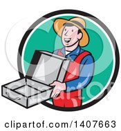 Poster, Art Print Of Retro Cartoon Man Wearing A Hat And Overalls Smiling And Holding An Empty Open Suitcase