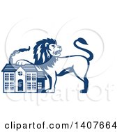 Poster, Art Print Of Retro Blue And White Male Lion Resting A Paw On A House