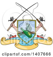 Poster, Art Print Of Sketched Crossed Arms Holding Fishing Rods Over A Shield With A Marlin Fish And Beer Bottle Over Water Ships And Banners