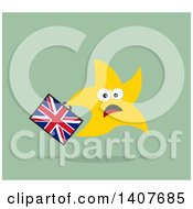 Clipart Of A Flat Design Brexit Scared Star Running With A Union Jack Briefcase On Green Royalty Free Vector Illustration by Hit Toon