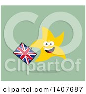 Clipart Of A Flat Design Brexit Happy Star Running With A Union Jack Briefcase On Green Royalty Free Vector Illustration by Hit Toon