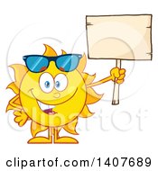 Clipart Of A Yellow Summer Time Sun Character Mascot Holding Up A Blank Sign Royalty Free Vector Illustration