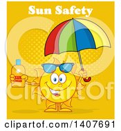 Clipart Of A Yellow Summer Time Sun Character Mascot Holding An Umbrella And A Bottle Of Lotion Over Orange Royalty Free Vector Illustration