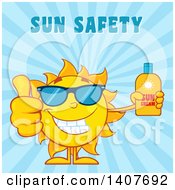 Poster, Art Print Of Yellow Summer Time Sun Character Mascot Giving A Thumb Up And Holding A Bottle Of Lotion On Blue