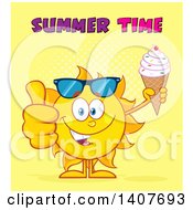 Poster, Art Print Of Yellow Summer Time Sun Character Mascot Holding A Waffle Ice Cream Cone And Giving A Thumb Up On Yellow