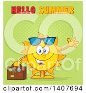 Clipart Of A Yellow Summer Time Sun Character Mascot Waving And Holding A Suitcase Royalty Free Vector Illustration