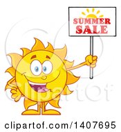 Poster, Art Print Of Yellow Summer Time Sun Character Mascot Holding Up A Sale Sign