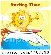 Poster, Art Print Of Yellow Summer Time Sun Character Mascot Surfing And Giving A Thumb Up Against A Yellow Sunset And Surfing Time Text