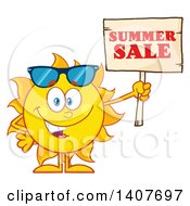 Poster, Art Print Of Yellow Summer Time Sun Character Mascot Holding Up A Wood Sale Sign