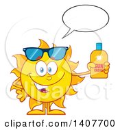 Poster, Art Print Of Yellow Summer Time Sun Character Mascot Talking And Holding A Bottle Of Lotion