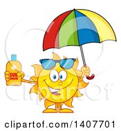 Yellow Summer Time Sun Character Mascot Holding An Umbrella And A Bottle Of Lotion