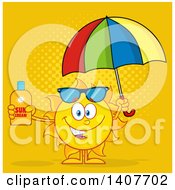 Yellow Summer Time Sun Character Mascot Holding An Umbrella And A Bottle Of Lotion Over Orange