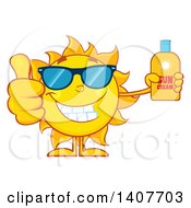 Yellow Summer Time Sun Character Mascot Giving A Thumb Up And Holding A Bottle Of Lotion