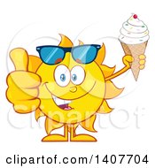 Poster, Art Print Of Yellow Summer Time Sun Character Mascot Holding A Waffle Ice Cream Cone And Giving A Thumb Up