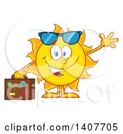 Poster, Art Print Of Yellow Summer Time Sun Character Mascot Waving And Holding A Suitcase