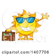 Clipart Of A Yellow Summer Time Sun Character Mascot Waving And Holding A Suitcase Royalty Free Vector Illustration by Hit Toon