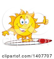 Poster, Art Print Of Yellow Summer Time Sun Character Mascot Surfing And Giving A Thumb Up