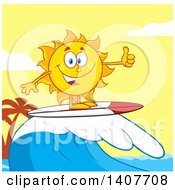 Poster, Art Print Of Yellow Summer Time Sun Character Mascot Surfing And Giving A Thumb Up Against A Yellow Sunset