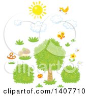 Poster, Art Print Of Yellow Bird And Sun With Clouds Over Grass Mushrooms Shrubs And A Tree