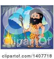 Poster, Art Print Of Caveman Holding A Stone Spear And Rock By A Fire In Cave