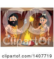Poster, Art Print Of Caveman And Woman By A Fire In A Cave