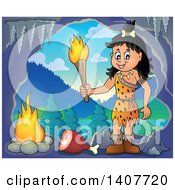 Poster, Art Print Of Cavewoman Holding A Torch Over Meat And A Fire In A Cave