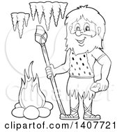 Poster, Art Print Of Black And White Lineart Caveman Holding A Stone Spear And Rock