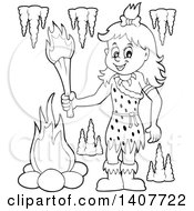 Poster, Art Print Of Black And White Lineart Cavewoman Holding A Torch