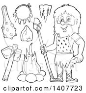 Poster, Art Print Of Black And White Lineart Caveman And Accessories