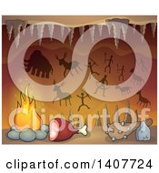 Poster, Art Print Of Caveman Cave With Petroglyphs Meat A Club And Fire