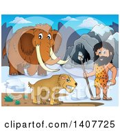 Poster, Art Print Of Caveman Holding A Stone Spear By A Cave Woolly Mammoth And Saber Toothed Cat