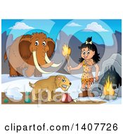 Cavewoman Holding A Torch By A Cave Saber Toothed Cat And Woolly Mammoth