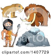 Poster, Art Print Of Caveman Cave Woolly Mammoth And Saber Toothed Cat