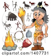 Poster, Art Print Of Cavewoman Holding A Torch Petroglyph And Accessories