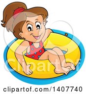 Poster, Art Print Of Happy Brunette Caucasian Girl Floating On An Inner Tube