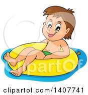 Poster, Art Print Of Happy Brunette Caucasian Boy Floating On An Inner Tube