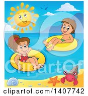 Poster, Art Print Of Children Foating On Inner Tubes In The Ocean