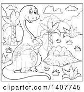 Poster, Art Print Of Black And White Lineart Happy Apatosaurus Dinosaur By A Nest