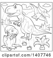 Black And White Lineart Pterodactyl Over A Tyrannosaurus Rex Dinosaur And Hatching Baby